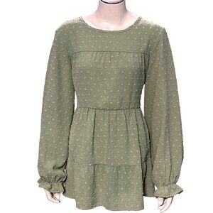 CCC Green Long Sleeve Tiered Midi Dress Textured Dot Pattern Ruffle Cuffs Mediu